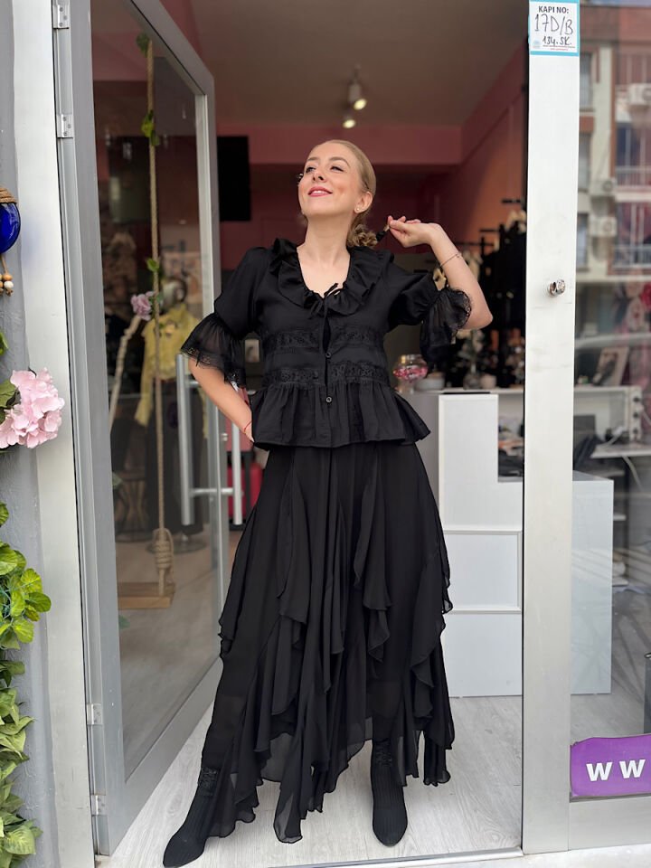 Fırfırlı Maksi Etek -Siyah