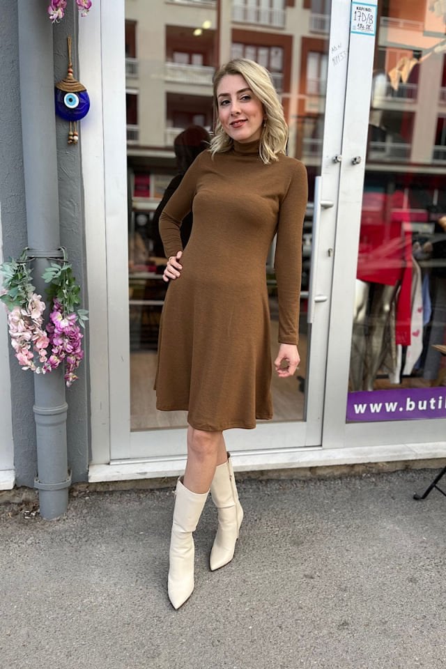 Balıkçı Yaka Mini Elbise-Kahve