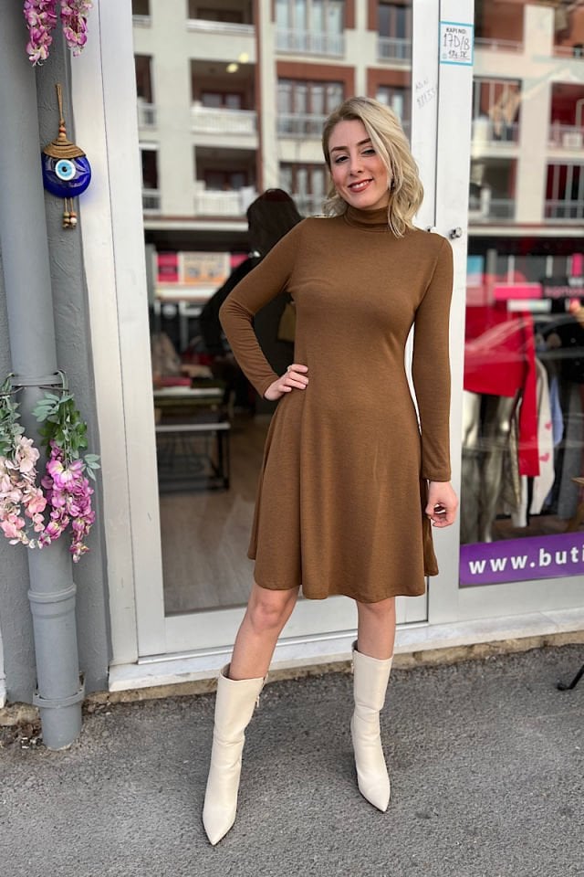 Balıkçı Yaka Mini Elbise-Kahve