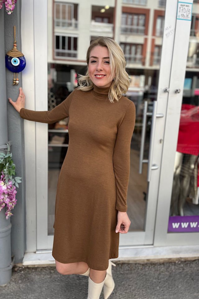 Balıkçı Yaka Mini Elbise-Kahve