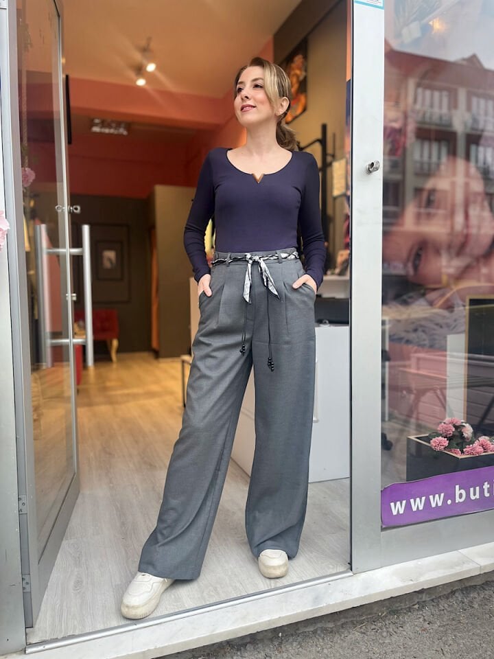 Fularlı Pantolon -Gri