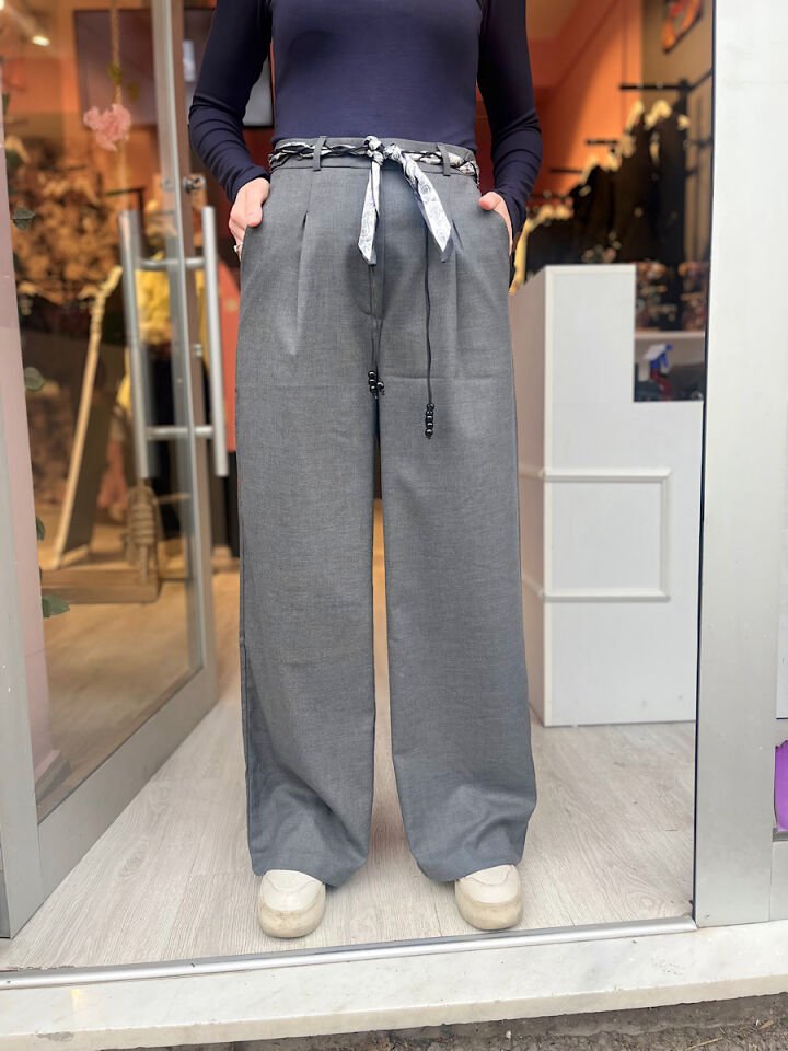 Fularlı Pantolon -Gri