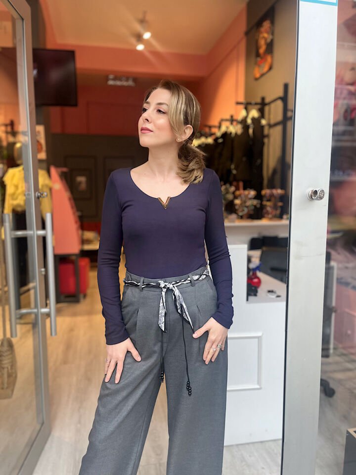 Fularlı Pantolon -Gri