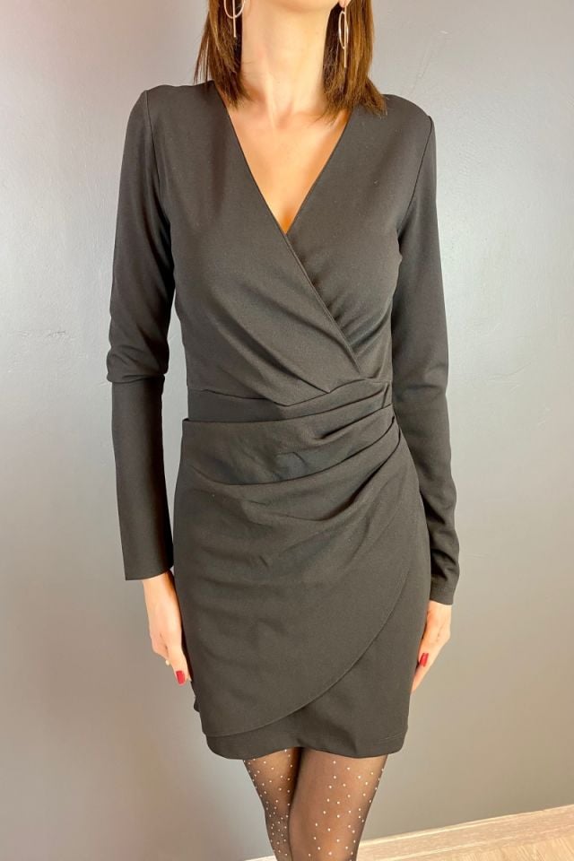 Kruvaze Yaka Drape Detaylı Elbise