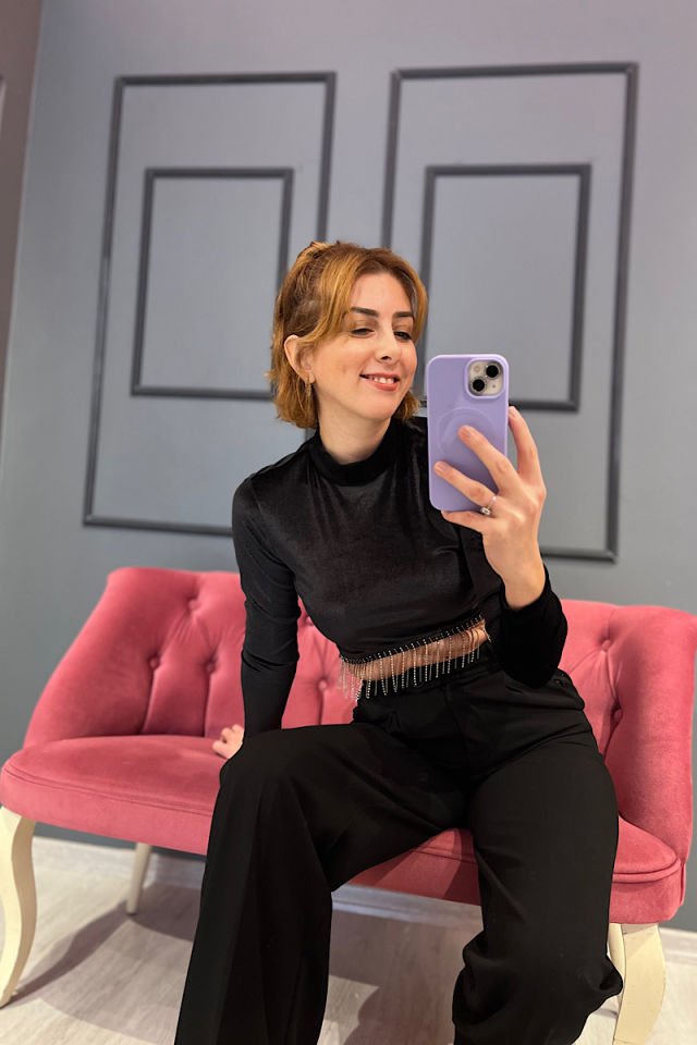Taşlı Crop Kadife Bluz