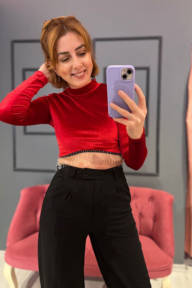 Taşlı Crop Kadife Bluz