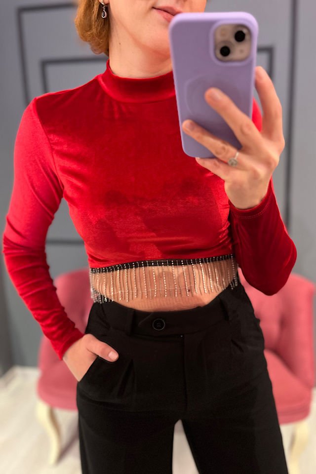 Taşlı Crop Kadife Bluz