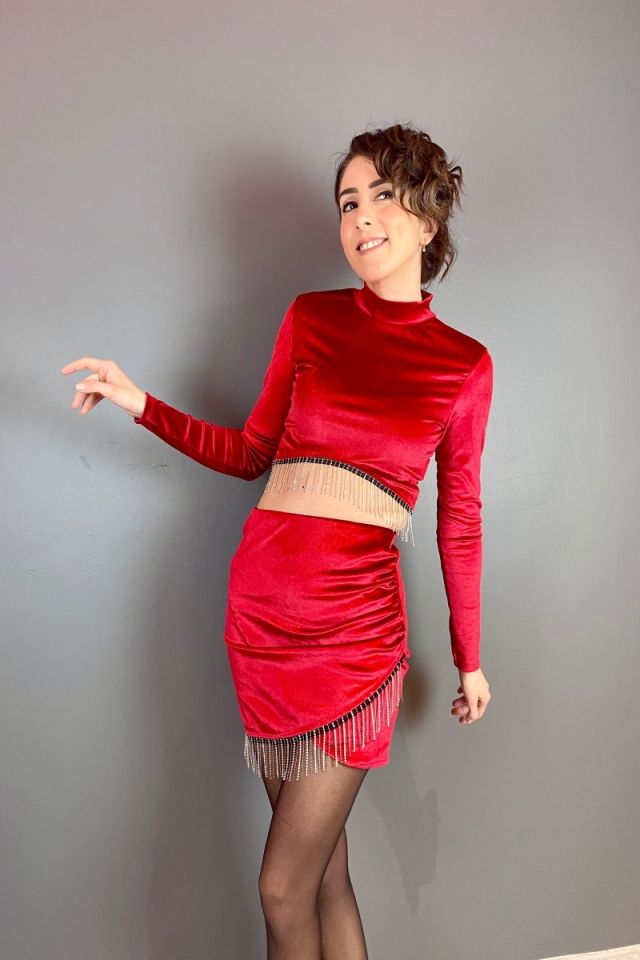 Taşlı Kadife Mini Etek