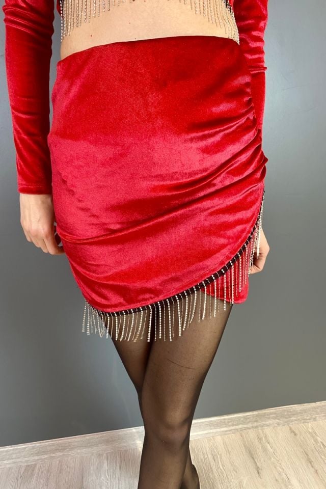Taşlı Kadife Mini Etek