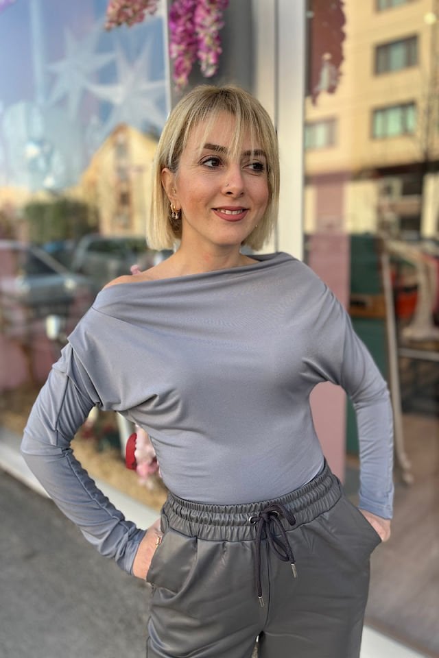 Düşük Omuz Bluz-Gri