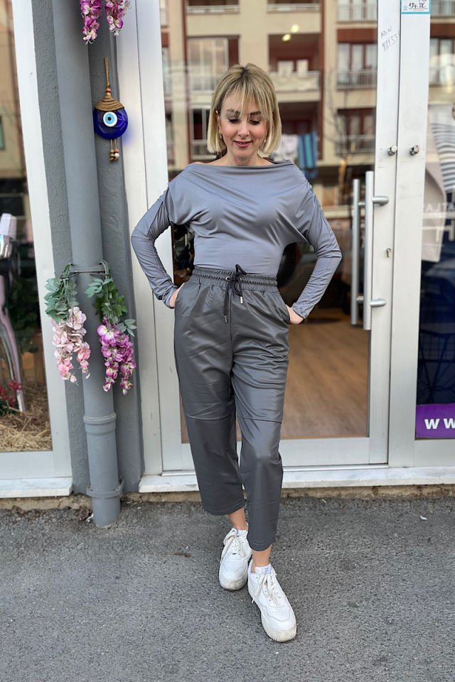 Düşük Omuz Bluz-Gri