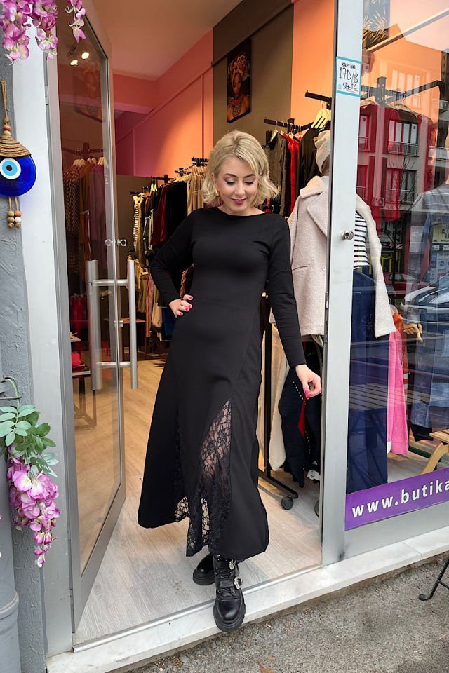 Dantel Yırtmaç Detay İnce Modal Kumaş Elbise -Siyah