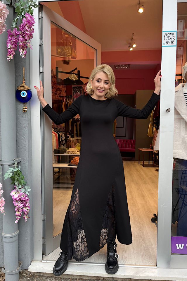 Dantel Yırtmaç Detay İnce Modal Kumaş Elbise -Siyah