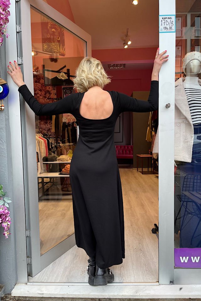 Dantel Yırtmaç Detay İnce Modal Kumaş Elbise -Siyah