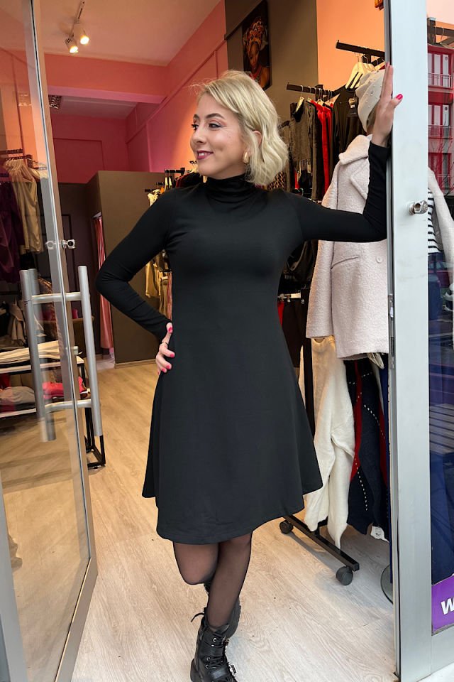 Balıkçı Yaka Mini Elbise-Siyah