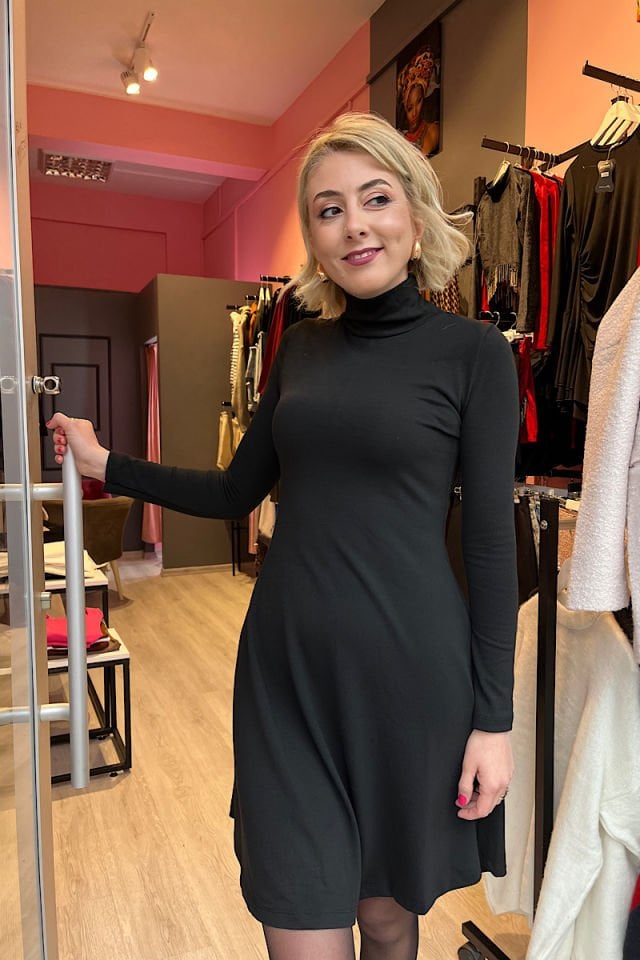 Balıkçı Yaka Mini Elbise-Siyah