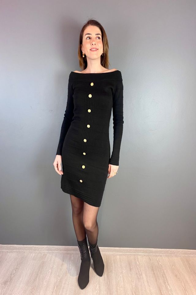 Gold Düğmeli Madonna Yaka Triko Elbise