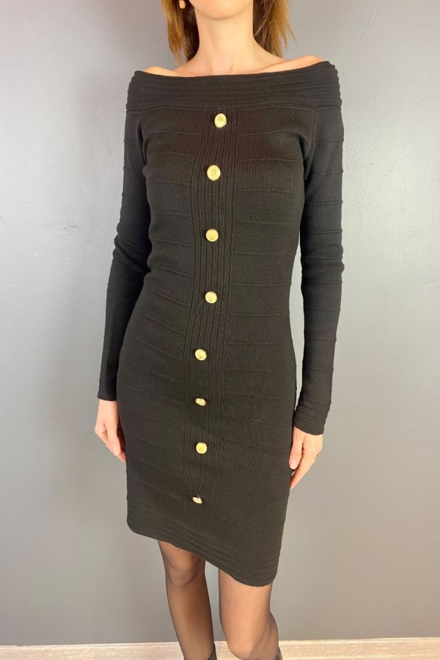 Gold Düğmeli Madonna Yaka Triko Elbise