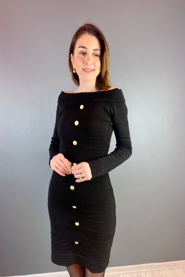 Gold Düğmeli Madonna Yaka Triko Elbise