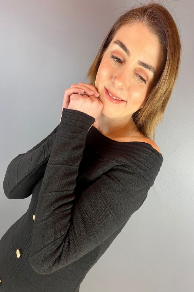 Gold Düğmeli Madonna Yaka Triko Elbise