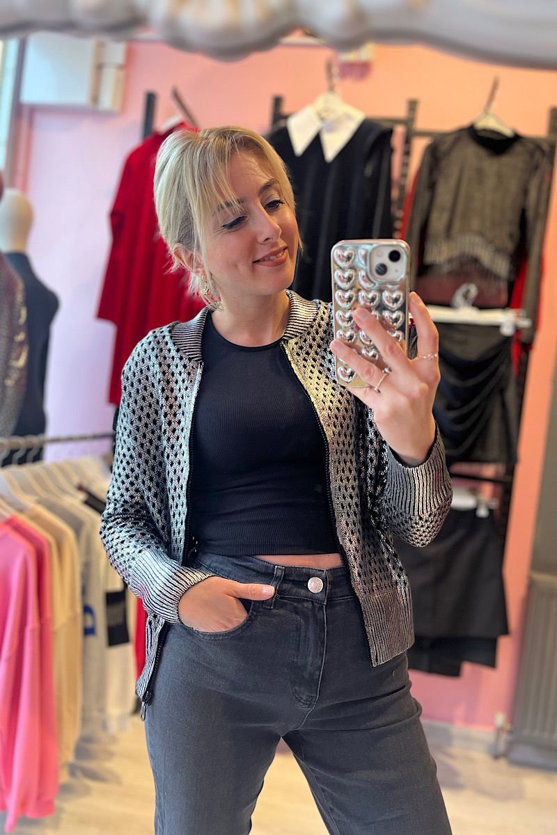 Varaklı Delikli Hırka -Gümüş