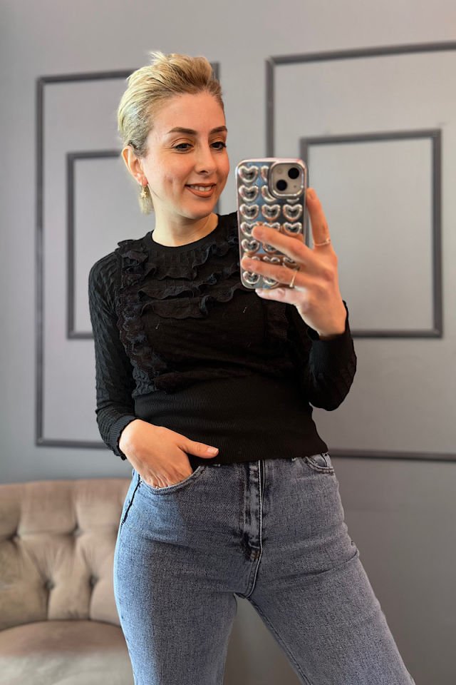 Fırfır Detay Triko-Siyah