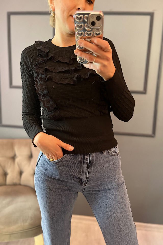 Fırfır Detay Triko-Siyah