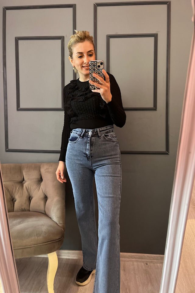 Fırfır Detay Triko-Siyah