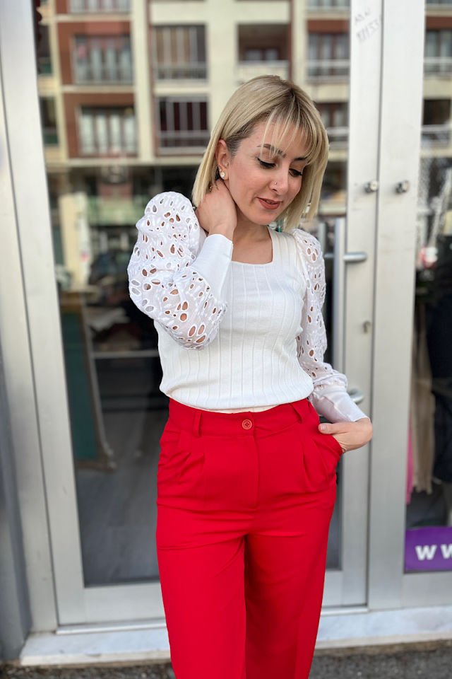 Güpür Kollu Çelik Örme Triko-Beyaz