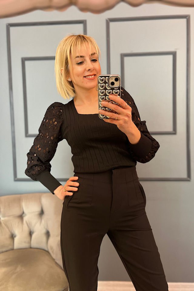 Güpür Kollu Çelik Örme Triko-Siyah