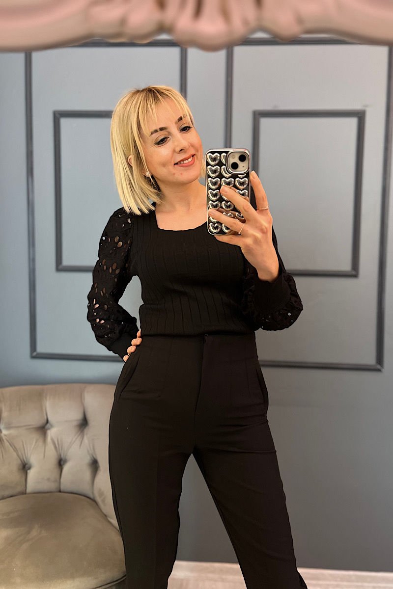 Güpür Kollu Çelik Örme Triko-Siyah