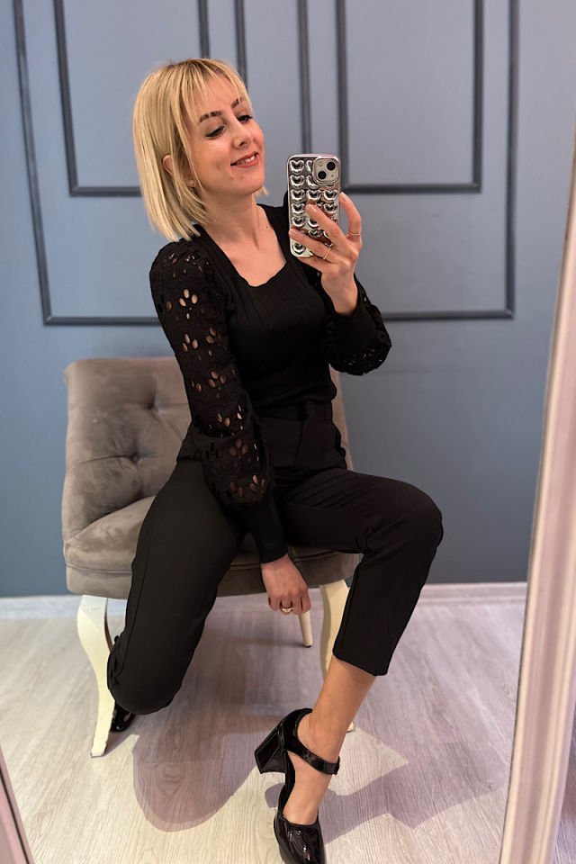 Güpür Kollu Çelik Örme Triko-Siyah