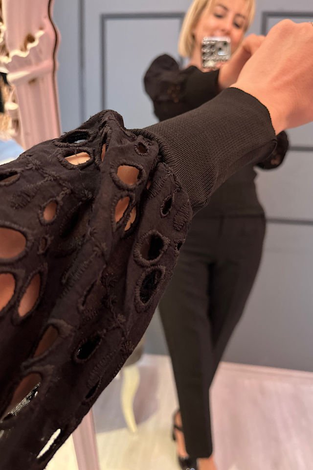 Güpür Kollu Çelik Örme Triko-Siyah