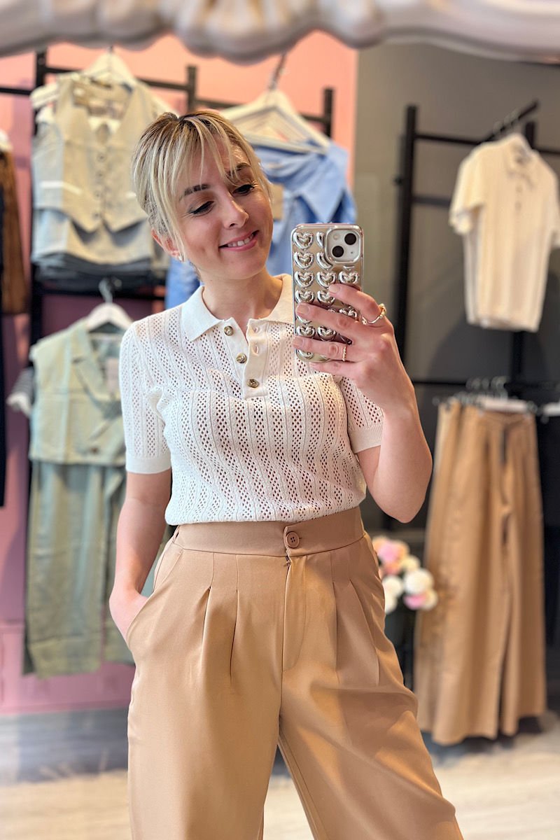 Polo Yaka Ajurlu Triko-Krem