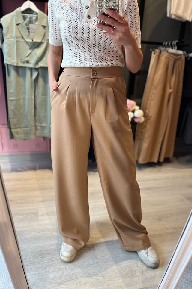 Beli Lastikli Palazzo Pantolon -Bej
