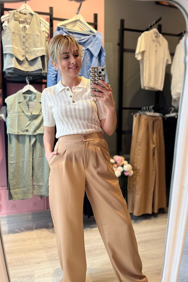 Beli Lastikli Palazzo Pantolon -Bej