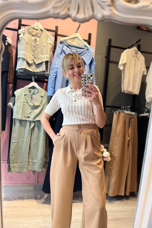 Beli Lastikli Palazzo Pantolon -Bej