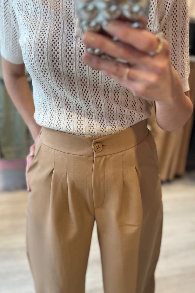 Beli Lastikli Palazzo Pantolon -Bej