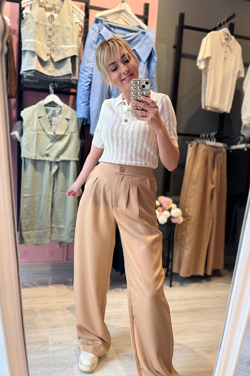 Beli Lastikli Palazzo Pantolon -Bej