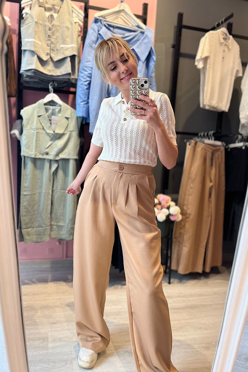 Beli Lastikli Palazzo Pantolon -Bej