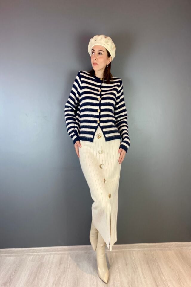 Düğme Detay Triko Etek Bej