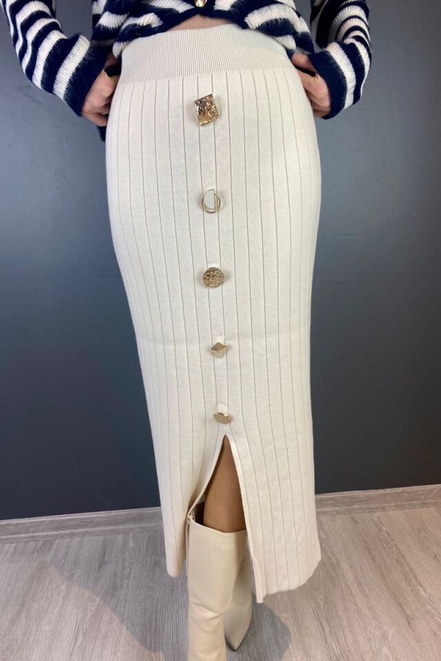 Düğme Detay Triko Etek Bej