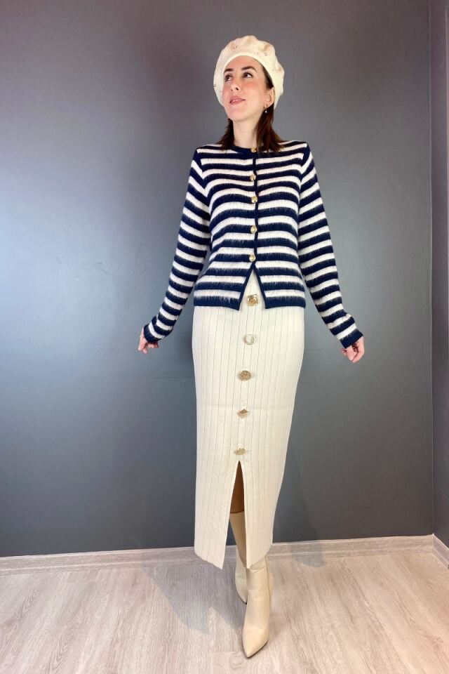 Düğme Detay Triko Etek Bej