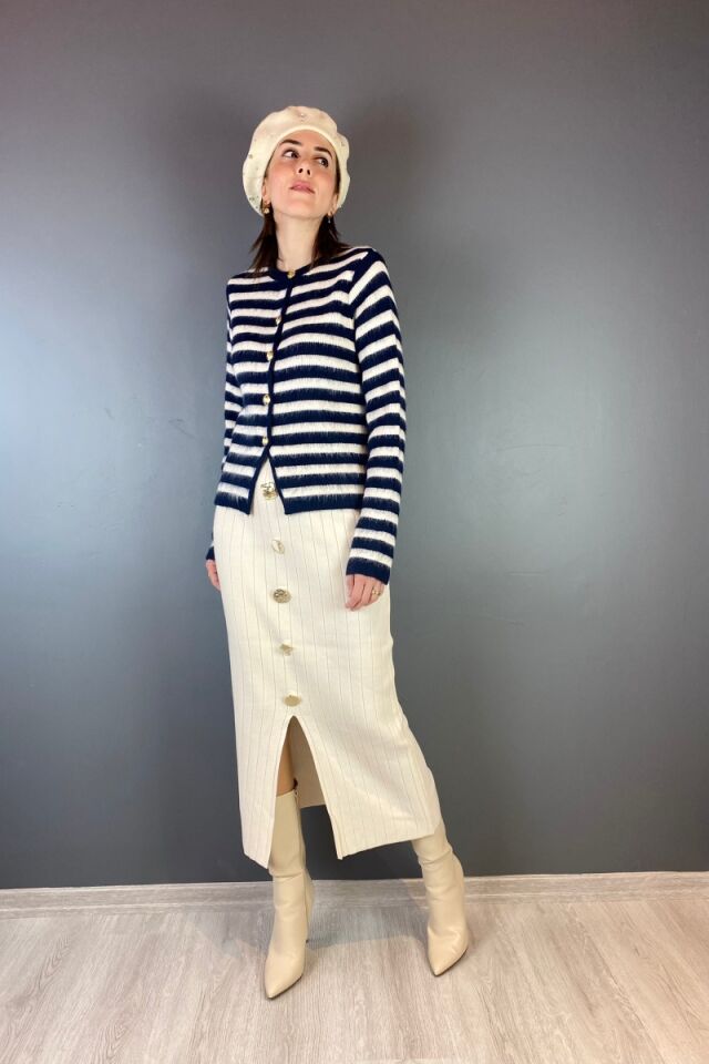 Düğme Detay Triko Etek Bej