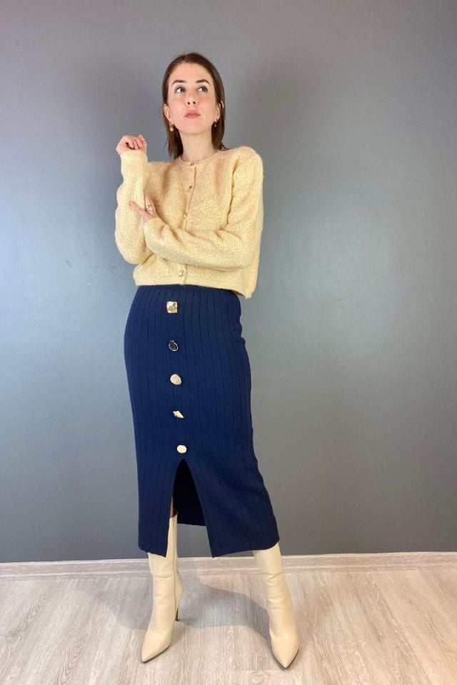 Düğme Detay Triko Etek Lacivert