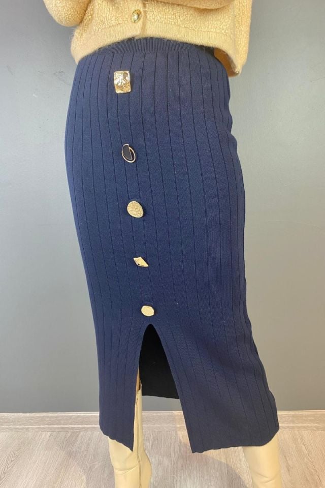 Düğme Detay Triko Etek Lacivert