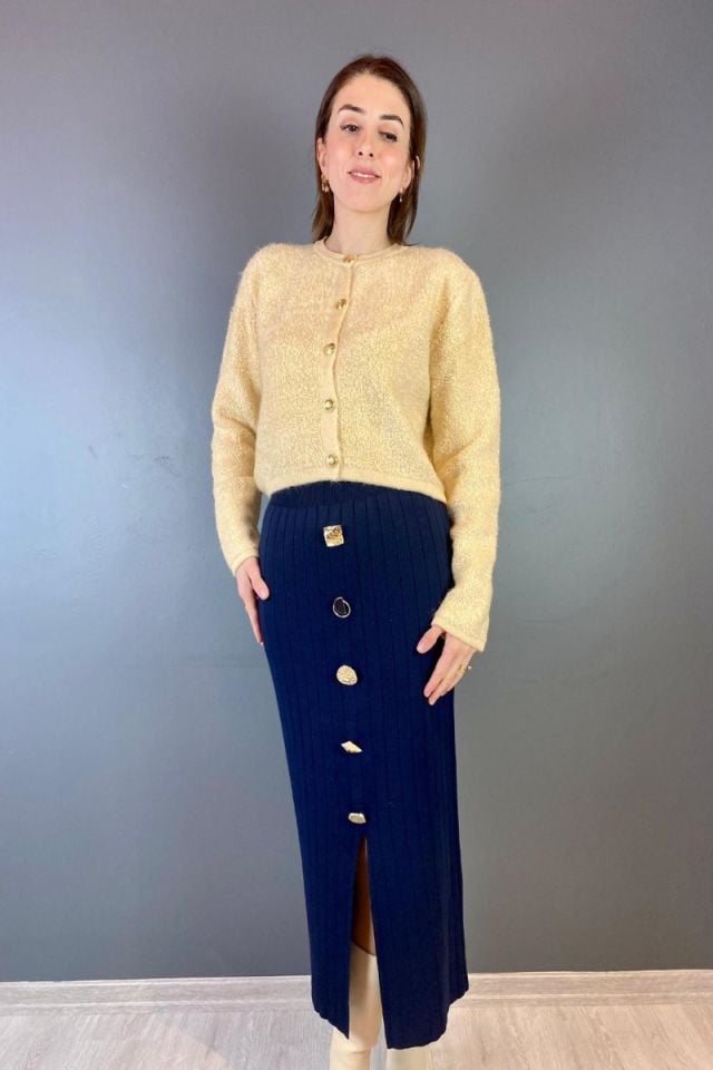 Düğme Detay Triko Etek Lacivert