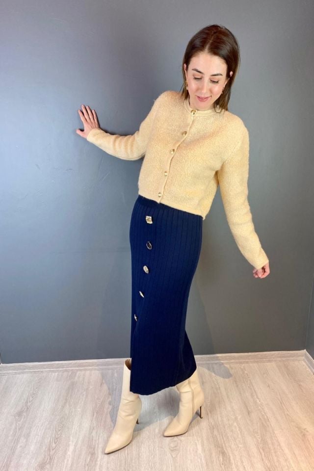 Düğme Detay Triko Etek Lacivert