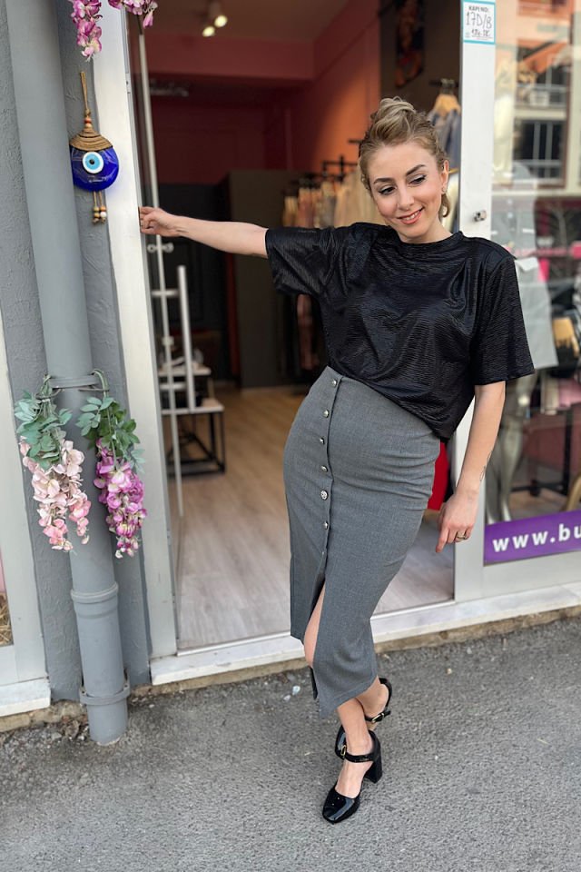 Parlak Vatkalı Bluz -Siyah