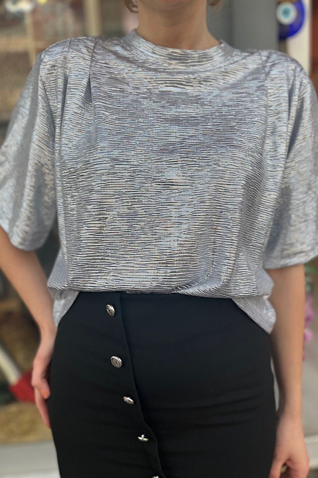 Parlak Vatkalı Bluz-Gümüş